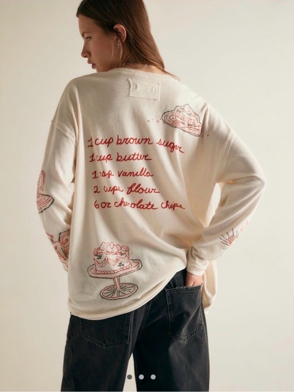 NEW Free People We the Free Tea Time Embroidered Long Sleeve Tee OVERSIZED Small